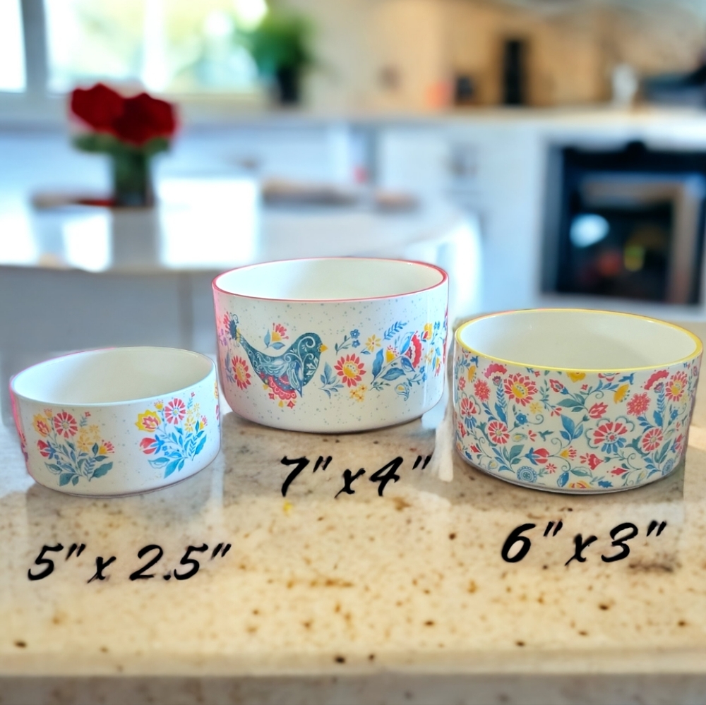 3 PIONEER WOMAN Floral Bird Round Stoneware Casserole Serving Bake Ware Bowls - Picture 1 of 11